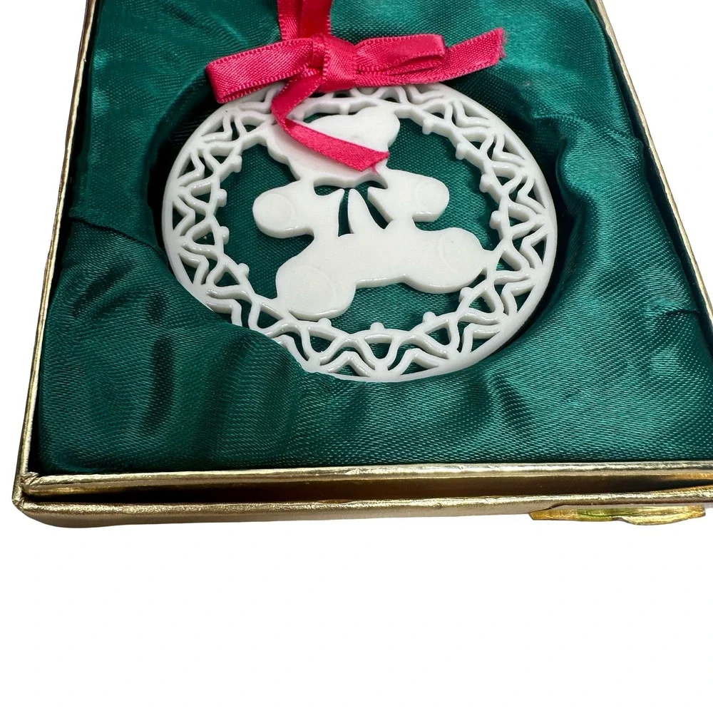 Lenox China Pierced Christmas Ornaments Set of 3 Angel Bells Teddy Bear Vintage